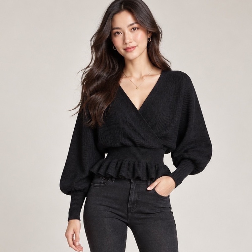 Peplum Knit Sweater Women M/L Black Lantern Sleeve Wrap Balletcore Chic Femenine
